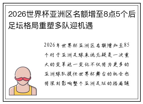2026世界杯亚洲区名额增至8点5个后足坛格局重塑多队迎机遇 2026世界杯亚洲区名额增至8点5个后足坛格局重塑多队迎机遇